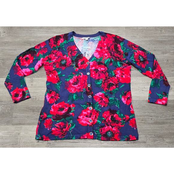 Isaac Mizrahi Live! Red & Blue Floral Print V Neck Button Front Cardigan Sweater - Picture 7 of 7